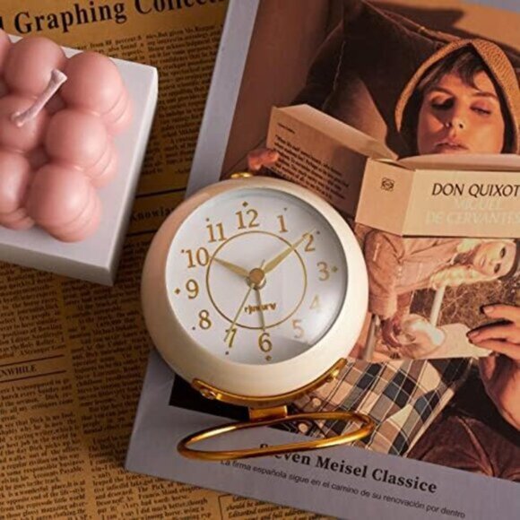 New Metal Desk Retro Analog Silent Alarm Clock with Gold Design or Milk White - Picture 1 of 6